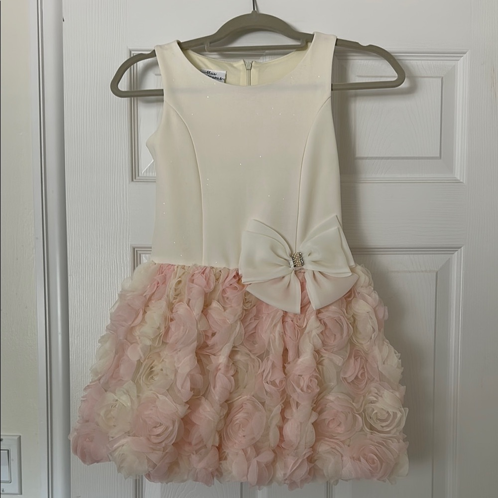 BLUE GORGEOUS Elegant Cream and Pink Kids Dress with Bow - Sz. 8